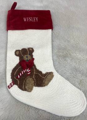 4543640 Pottery Barn Nwot Holiday Crewel Christmas Stocking Teddy Bear Inch Wesley