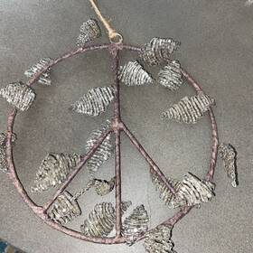 845330 Pottery Barn Beaded Leaf Peace Sign Christmas Ornament Silver 7.25 Inch Diam #9104