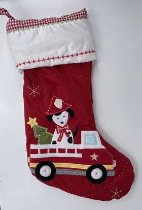 8825247 Pottery Barn Kids Quilted Fire Truck Dalmatian Dog Fireman Christmas Stocking