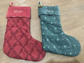 9380816 Pottery Barn Kids Chris Loves Julia Christmas Stocking Lattice Mom Dad Red Green