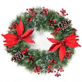 Cw92516384 Pre-lit Snow Flocked Christmas Wreath With 50 Led Lights For Wall Stairs Front Door