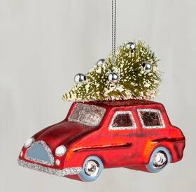 104297 Primitives By Kathy Red Car With Tree On Top Christmas Holiday Ornament Glass