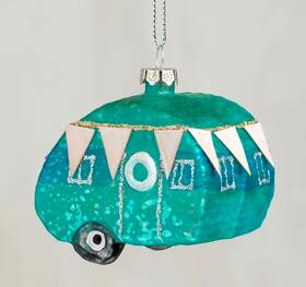 104321 Primitives By Kathy Teal Blue Camper With White Banner Trim Christmas Holiday Ornament Glass