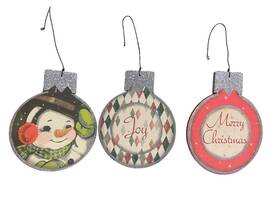 Primitives By Kathy 883504323017 Christmas Ornaments Wood Vintage Prints Snowman Holiday Set Of 3 Double Sided