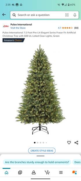 Puleo International 804606703804 7.5 Foot Pre-lit Elegant Series Fraser Fir Artificial Christmas Tree With 600