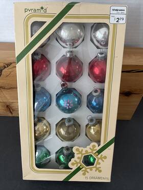 Pyramid 026301801580 Vtg 15 1.75 Inch Diameter Multi Color Ornaments Glass Bulbs Christmas Usa