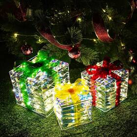 Qotoly 744110405712 Set Of 3 Christmas Lighted Gift Boxes Plug-in 140 Led Light Up Box Ornament For