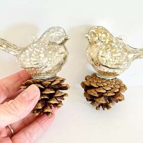 Ws192202 Ragon House 2 Blown Glass Sparrow And Pinecone Christmas Tree Bird Ornaments