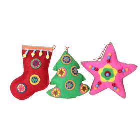 32919227 Raz 3 Bohemian Multicolor Plush Star Tree And Stocking Christmas Ornaments 5