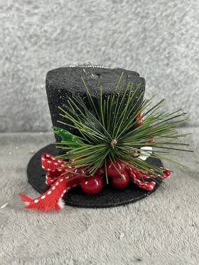4116341 Raz Black Snowy Glittered Top Hat With Holly Berries Christmas Ornament 2.5 Inch