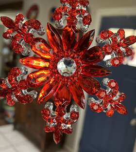 Raz Imports 048893012984 Set/4 2 Sided Jewel Red And Silver Flower Beaded Design Ornament Xmas Decor