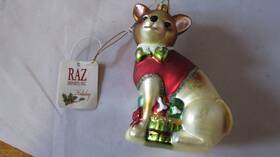 Raz Imports 048893201975 4 Inch Christmas Ornament Glass Dog Red Vest Gold Coat W Tag Glitter Thread
