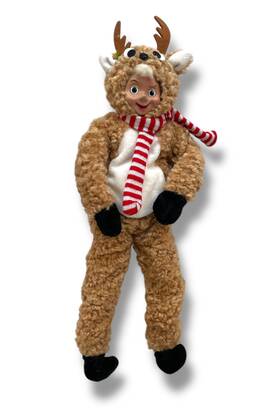 4202308 Raz Imports 048893809904 16 Inch Posable Reindeer Elf Brown Soft Striped Red Scarf Christmas New