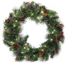 76814-fqk Red Co. 26 Inch Light-up Christmas Wreath With Pinecones And Evergreen Batte