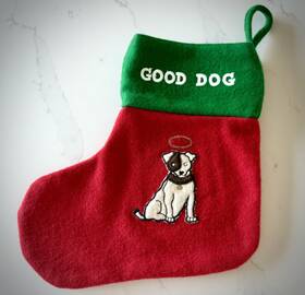 Oct191.00 Restoration Hardware Fun Good Dog-bad Dog Reversible Christmas Stocking By -wool