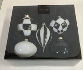 6266001 Robert Stanley Glass Christmas Ornaments Boxed Set Of 5 Black White Gold New