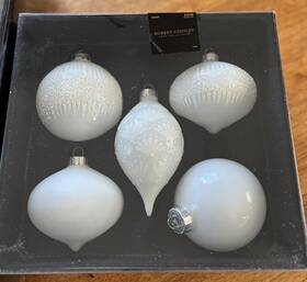 6265995 Robert Stanley Hobby Lobby Winter White Christmas Ornaments Glitter Embellished Glass Set 5