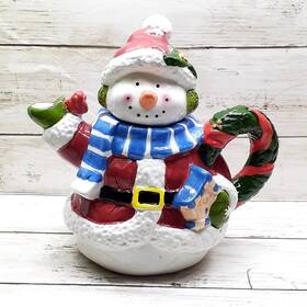 Royal Seasons 708016021605 Teapot Snowman Christmas Ceramic 7.5 Inch Tall Vintage Paint Loss
