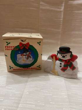 5022 Russ Berrie Christmas Frosty Friends Snowman Porcelain Napkin Holder #5022 Vtg