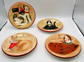 Sakura 027826426296 Vtg Christmas Cat Set Of 4 Hand Painted Earthenware Dessert Plates 8 Inch