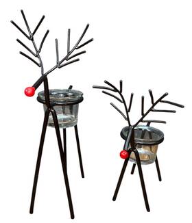San Miguel 769072517099 Christmas Tied Ribbon Reindeer Set Of Two Tea Lighting Candle Holders