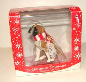 Sandicast 746314015339 Boxer Dog Christmas Ornament Wrapped In Red And White Scarf Box