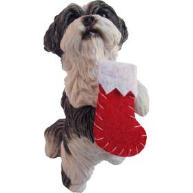 Sandicast 746314015438 Silver And White Shih Tzu Holding Stocking Christmas Ornament