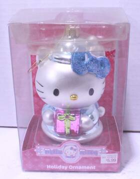 Sanrio 689720165826 Hello Kitty Blue Present Christmas Ornament 2007 Blown Glass