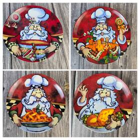 730-5436 Santas Workbench 8 Inch Baking Santa Dessert Plate Set 4 Plates Christmas Holiday