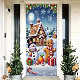 Y1474 Saoplasa Merry Christmas Door Banner 35x71 Inch Snowman And Gingerbread House Front Do