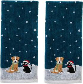 W1017600835203 Saturday Knight Ltd. Christmas/winter Cat And Dog Hand Towel 2pc Set For Bath/kitchen Gift Teal