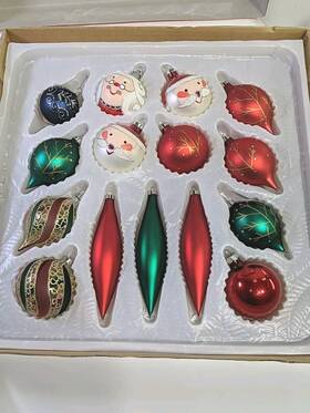 Sears 045484131789 Glass Ornaments Christmas Hand Crafted Santa Mrs Claus Green Red Gold Note