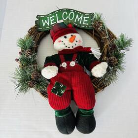 Sf621 Sears Plush Clothed Snowman Christmas Vine Wreath Welcome Granny Cottage Core 16x13 Inch