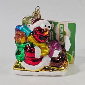 Sesame Street 086131324840 Elmo Sleigh Christmas Ornament 2015 Glitter Gifts Santa Hat