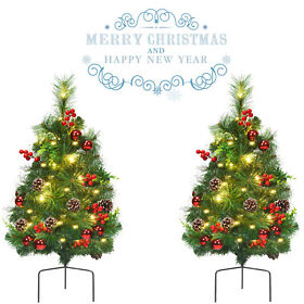 Us-2m22863 Set Of 2 24inch Battery Powered Pre-lit Pathway Christmas Trees With Metal Stand Green