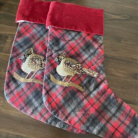 8656106 Set Of 2 Pottery Barn Embellished Jeweled Plaid Bird Christmas Stocking Sequined