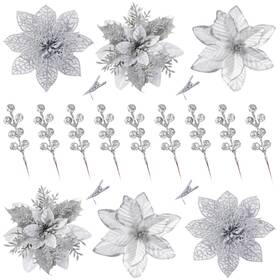 Xmas-flower-18-silver Sggvecsy 30 Pcs 3 Styles Christmas Glitter Poinsettia Flowers Artificial Berr