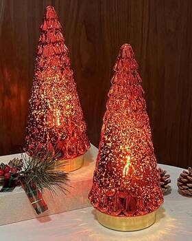 Shmilmh 726084466722 Red Mercury Glass Christmas Tree With Light 10 Inch H Set Of 2 Nib