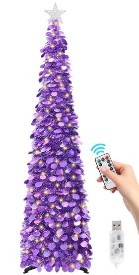 Sintenill 768924538305 6 Ft Pop Up Christmas Tree With 100 Led Remote Timer Lights - Purple Tinsel