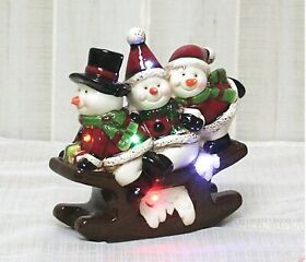 Snowman Trio Sled Ceramic Light Up Figurine For Christmas Snowmen Battery