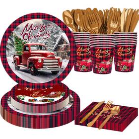 Sps-xm-s1 Sopuatsre 168 Pcs Christmas Disposable Dinnerware Set Xmas Tree Santa Claus Truck Red P
