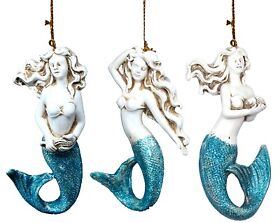 68631 Spa Blue And White Mermaids Christmas Holiday Ornaments Set Of 3