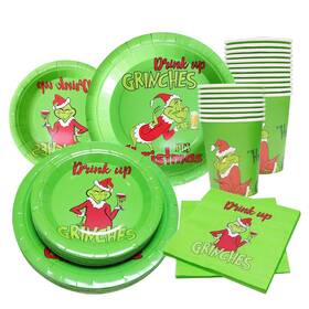 Sparkepic 712216171558 100pcs Christmas Tableware Set Festive Green Characters