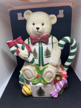 Spode 092764020462 Christmas Tree Teddy Bear Teapot Handpainted Holiday Figurine 9 Inch