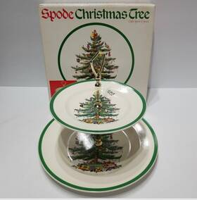 Spode 092764304746 Double Tier Serving Tray Christmas Tree Appetizer Plates Gold Handle Cute