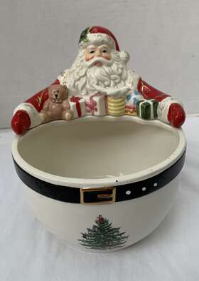M4434 Spode Christmas Tree Santa Nut Bowl Candy Dish Figural Hand Painted