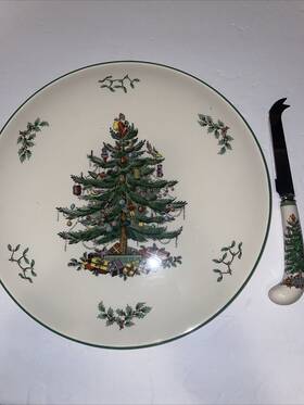 S3324-a12 Spode Christmas Tree Cake / Cheese Plate With Matching Knife England