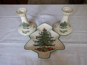 S3324l Spode Christmas Tree Candleholders And Tree-shaped Dish 3 Pieces