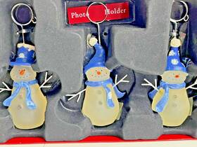St. Nicholas Square 400895561479 3 Frosted Glass Snowmen Photo Christmas Card Holder New