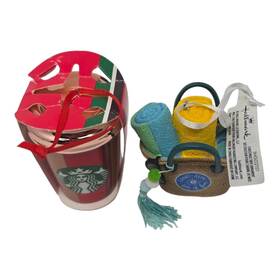 Starbucks 762111328120 Red Gold Ceramic Cup Christmas Tree Ornament 2018 And Hallmark Beach Bag